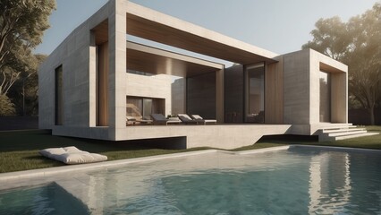 Fototapeta premium Architecture modern house with swimming pool, 3D building design illustration