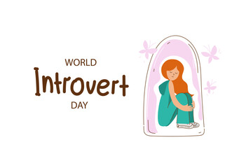 World Introvert Day. An image of an introverted person sitting under a glass hood. A conceptual banner.  Hand drawn vector illustration