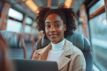 Woman working on laptop on bus