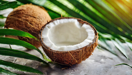 open coconut viewed from the top, filled with coconut milk. The clean, white tropical background accentuates the natural, refreshing, and exotic essence of the coconut