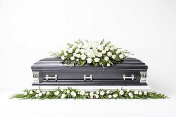 Black Coffin with White Roses and Green Foliage