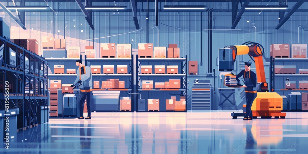 Poster skilled warehouse worker picking order while wearing safety cloth at storage surrounded with box. pr