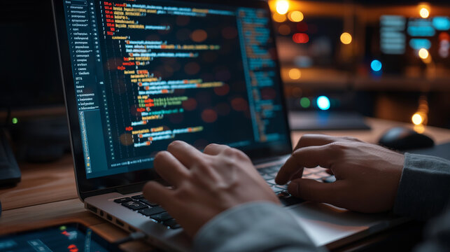 software development featuring software engineer using laptop, modern digital internet technology, an IT developer writing a program code, typing hands 