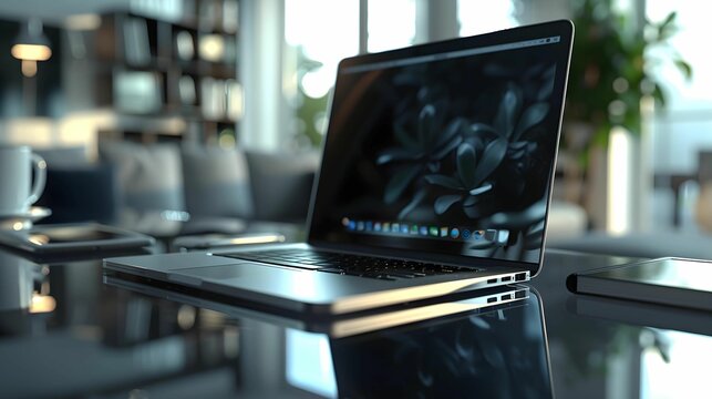 Closeup of  silver macbook on a glass table in a modern office space