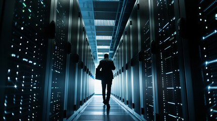 Black Data Center IT Technician Walking Through Server Rack Corridor with a Laptop Computer. He is Visually Inspecting Working Server Cabinets