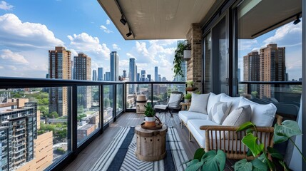 A luxurious rooftop sitting space with contemporary black rattan furniture, plush cushions, and a...