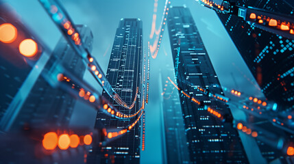 Blockchain network on blurred skyscrapers background. Financial technology and communication concept 