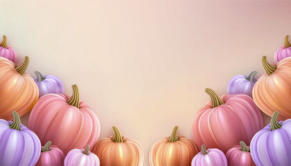 Cute pumpkin border in pastel pinks, orange and purples; autumn fall Halloween concept with text space for greetings, invitations