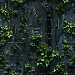 Futuristic concept of green plants growing on a circuit board, symbolizing the fusion of technology and nature for sustainable innovation.