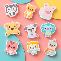 Isometric 3D render of a cute sticker design with cartoon animals and bold outlines, displayed on a pastel-colored background