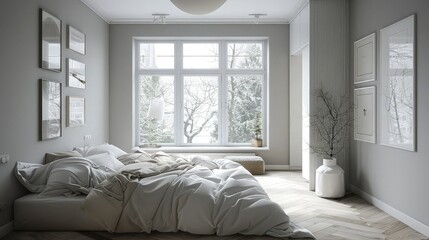 modern soft bedroom luxury bedroom with green plant in vase and lamp on table  with luxury glassy window 