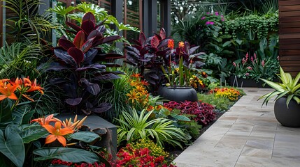 A beautiful garden with a variety of plants and flowers