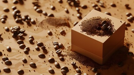 Isometric 3D render of a gourmet coffee package, with a stylish box and coffee beans scattered around, set against a warm, inviting background