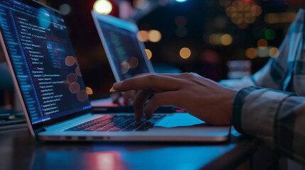 software development featuring software engineer using laptop, modern digital internet technology, an IT developer writing a program code, typing hands 