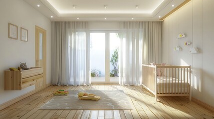 beautiful well managed baby room with hexagon boxes on wall with baby bed like small cottage and many toys in boxes 
