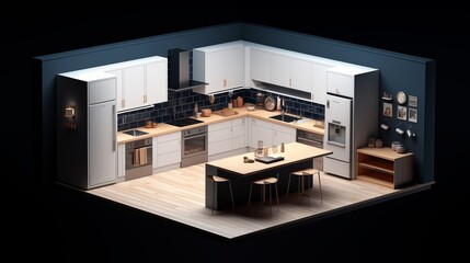 Isometric kitchen rendering, dark blue walls, sleek white cabinets, and wooden flooring