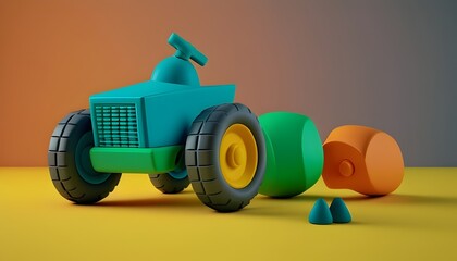 Fototapeta premium Vibrant Toy Tractor on Solid Colored Background