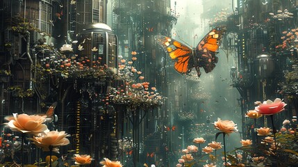 A cybernetic garden with mechanical plants and electronic butterflies, front view, showing a blend of nature and machine, in a cybernetic tone using Splitcomplementary color scheme