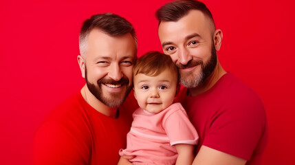 Fototapeta premium A Studio shot Portrait of happy gays couple with their son, red background ,Family, Pride month