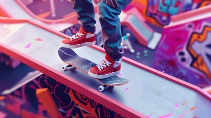 Isometric 3D render of a person showcasing new sneakers while skateboarding, set on a dynamic skate...