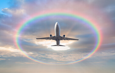 Airplane in the sky with amazing rounded rainbow (Halo) in the background stormy sky