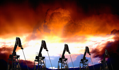 Oil beam pump or Donkey pump with dramatic dark sky - Oil pumps. Oil industry equipment