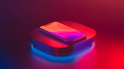 Isometric 3D render of a modern smartphone displayed on a sleek pedestal, with vibrant lighting highlighting its features, set against a dark gradient background
