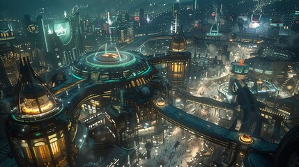 Fototapeta premium A top view of a cybernetic theme park where rides adapt to guests emotions and preferences, exploring personalized entertainment, with a cybernetic tone using Tetradic color scheme