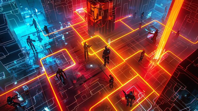 A top view of a virtual reality gaming tournament with players immersed in a digital battlefield