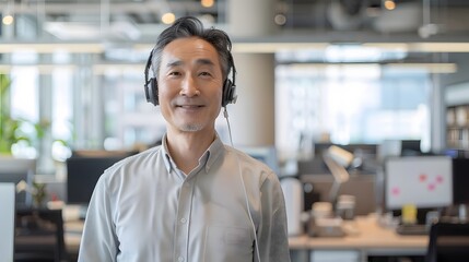 Fototapeta premium ヘッドセットをつけて微笑むシニア