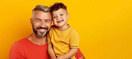 Fototapeta premium A Studio shot Portrait of happy gays couple with their son, yellow background ,Pride month, Family
