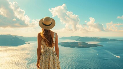 Fototapeta na wymiar Europe Greece Santorini travel vacation. Woman looking at view on famous travel destination. Elegant young lady living fancy jetset lifestyle wearing dress on holidays.