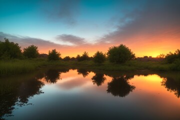 Obraz premium nature park trees and river under sunset in summer. pond lake reflections in field and fog scenery.