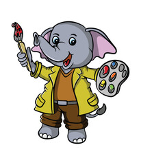 Cute little painter elephant cartoon illustration design smiling sweetly holding brush and paint holder-01.eps