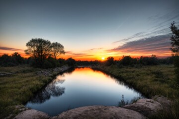 nature park trees and river under sunset in summer. pond lake reflections in field and fog scenery.