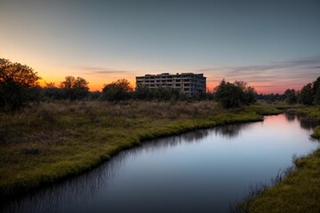 Fototapeta premium city buildings reflection in lake river pond water during sunset. wide angle view from park field. cityscape under clouds and sky.