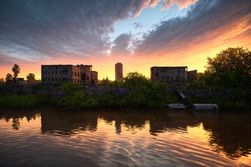 city buildings reflection in lake river pond water during sunset in summer. wide angle view from park field. cityscape under clouds and sky.