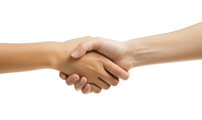 Two people shaking hands on a white background. Generative AI.