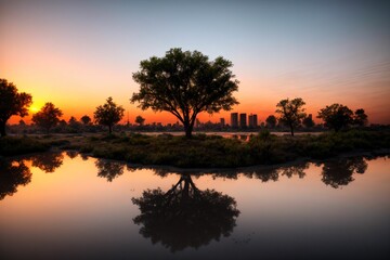 Fototapeta premium city buildings reflection in lake river pond water during sunset in summer. wide angle view from park field. cityscape under clouds and sky.