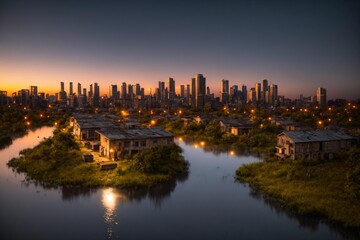 Naklejka premium bird's eye atmospheric view of abandoned dystopian city town buildings and skyscrapers on a river lake pond at sunset sundown. nature landscape.