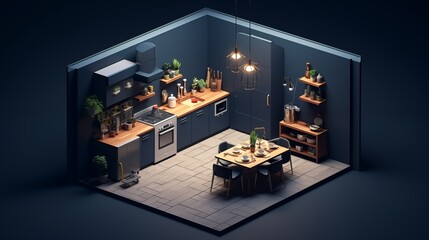 Isometric kitchen view, dark blue wall, modern Scandinavian design elements