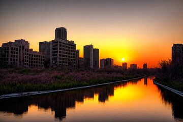 Fototapeta premium city buildings reflection in lake river pond water during sunset in summer. wide angle view from park field. cityscape under clouds and sky.
