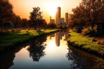 city buildings reflection in lake river pond water during sunset in summer. wide angle view from park field. cityscape under clouds and sky.