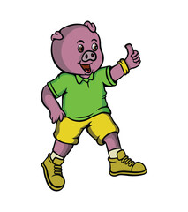 Cute pig cartoon illustration design walking leisurely thumbs up-01.eps