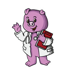 Cute pig doctor cartoon illustration design carrying a book and stethoscope-01.eps