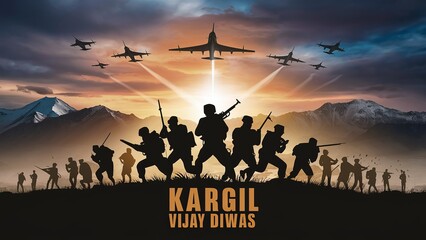 Fototapeta na wymiar Kargil Vijay Diwas, Kargil victory day, indian army silhouette, holding flag