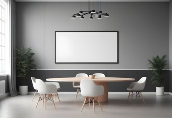 A Cozy conference room interior with minimalist furniture, and a blank poster on a concrete wall. Mockup frame 