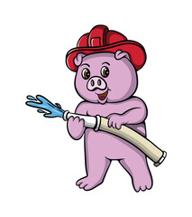 Cute pig fireman cartoon illustration design holding a water hose-01.eps