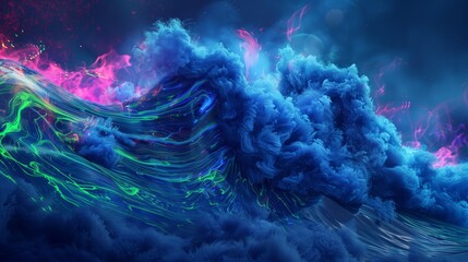 A breathtaking and otherworldly shot of a wave of deep blue smoke intermingling with streaks of neon green and hot pink, evoking a sense of cosmic wonder and awe.