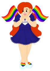 Red-haired girl in a navy blue dress holding two rainbow pride flags